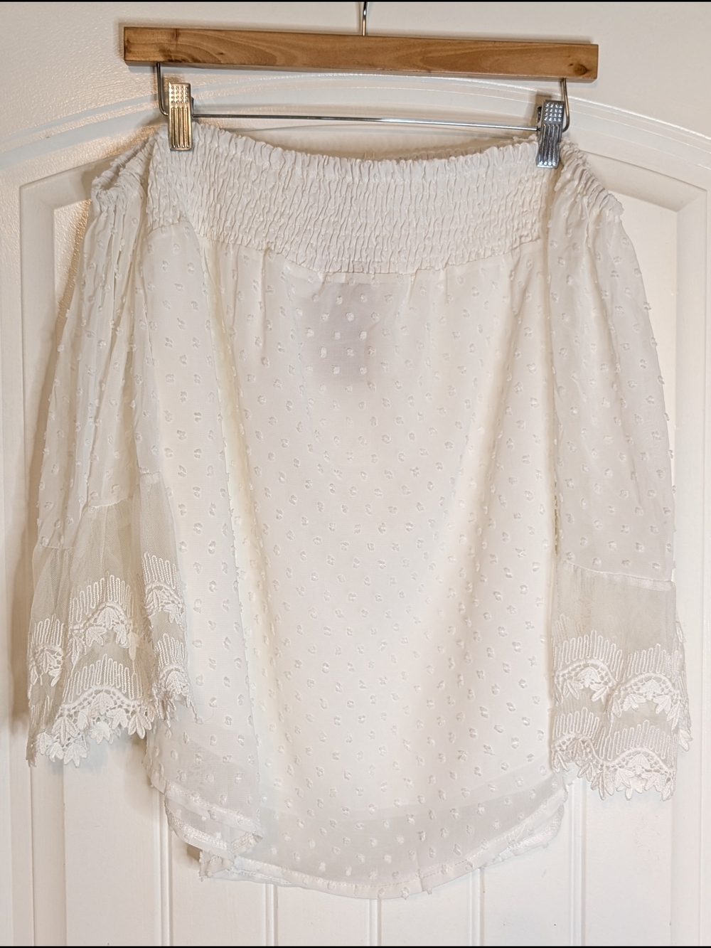 ePretty White Swiss Dot Off The Shoulder Lace Sleeve Top